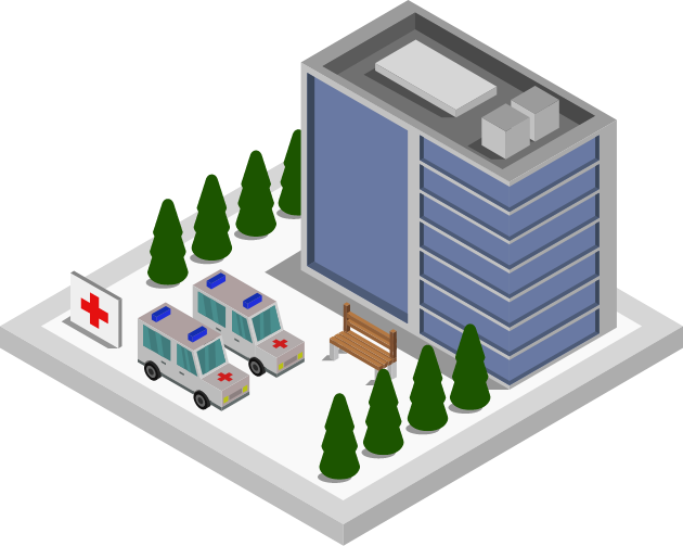 A graphic of a medical building with ambulances out front