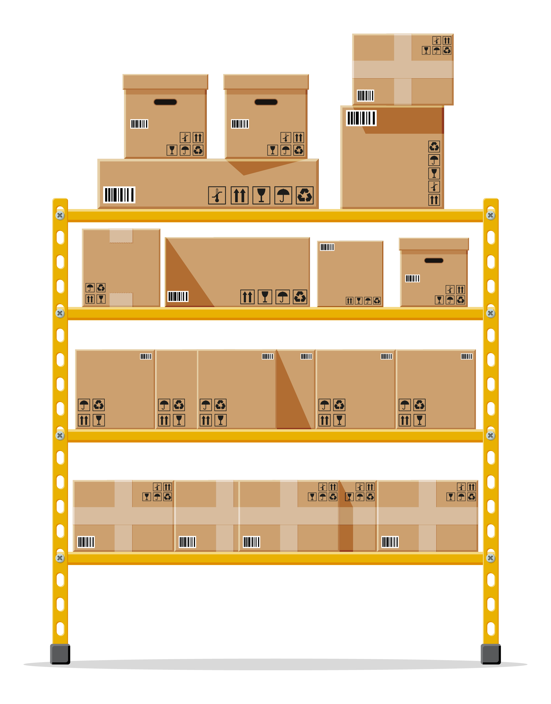 A warehouse shelving unit holding boxes of varying sizes